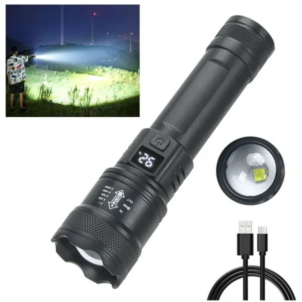 High Strong Power Led Flashlights 2000LM Tactical Torch with Display Light USB Charging Camping Fishing Emergency Zoom Lantern - Image 7