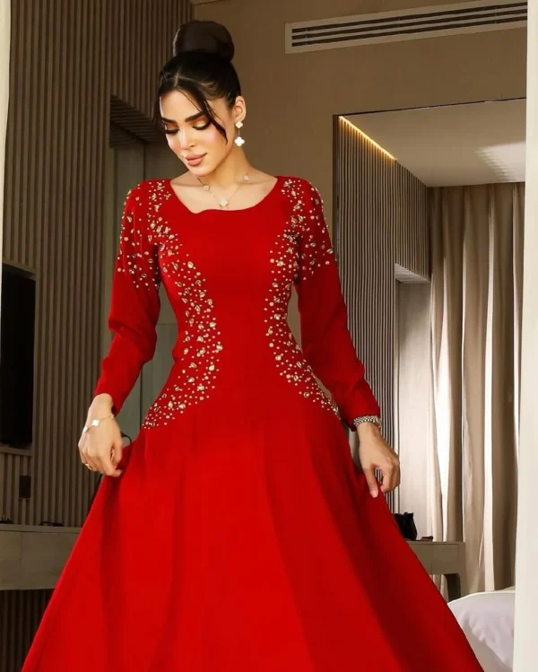 Customized Long Sleeves Prom Dresses Scoop Neck Pleated Beadings Floor Length Temperament Evening Dresses - Image 4