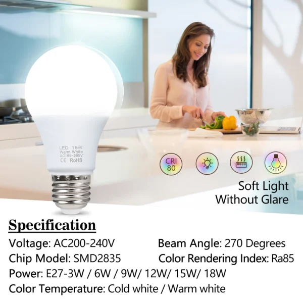 4pcs/lot E27 LED Bulb Lamps AC 220V SMD2835 3W 6W 9W 12W 15W 18W Lampada Led Light Bulbs Living Room Home Indoor LED Bombilla - Image 3