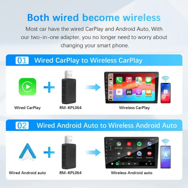 2in1 Wired to Wireless CarPlay Android Auto Adapter for OEM Car Stereo With USB Plug and Play - Image 3