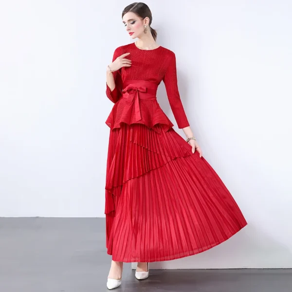 Miyake Irregular Lantern Skirt Top+long Lace Up Pleated Skirt Womens Two Peice Sets French Retro Pleated Autumn Skirts 2024 - Image 3