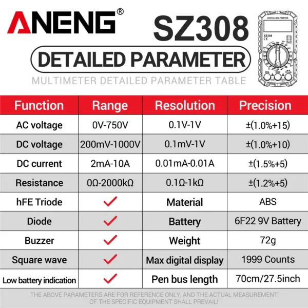 ANENG SZ308 Digital Multimeter   AC/DC Current Meter Voltage Resistance Meter Electrician LCD Backlight Ohm Square Wave Test - Image 9