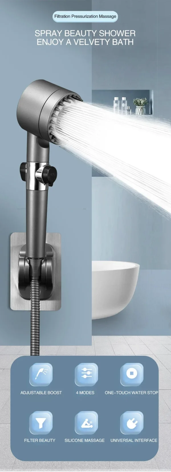 High Pressurized Filter Shower Head 3-mode Adjustable Spray with Massage Brush Rain Faucet Bathroom Accessories - Image 10