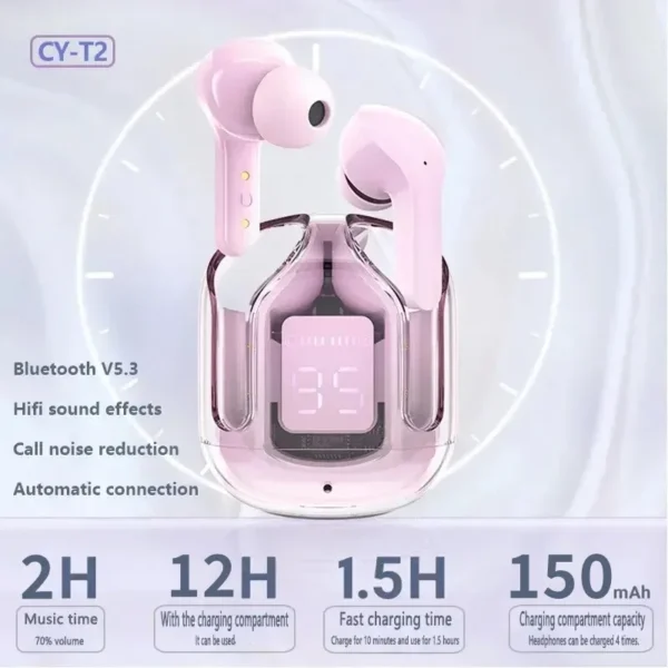 Original T2 Wireless Bluetooth Earphone Transparent HIFI Headphones LED Power Digital Display Stereo Sound Earphones for Xiaomi - Image 13