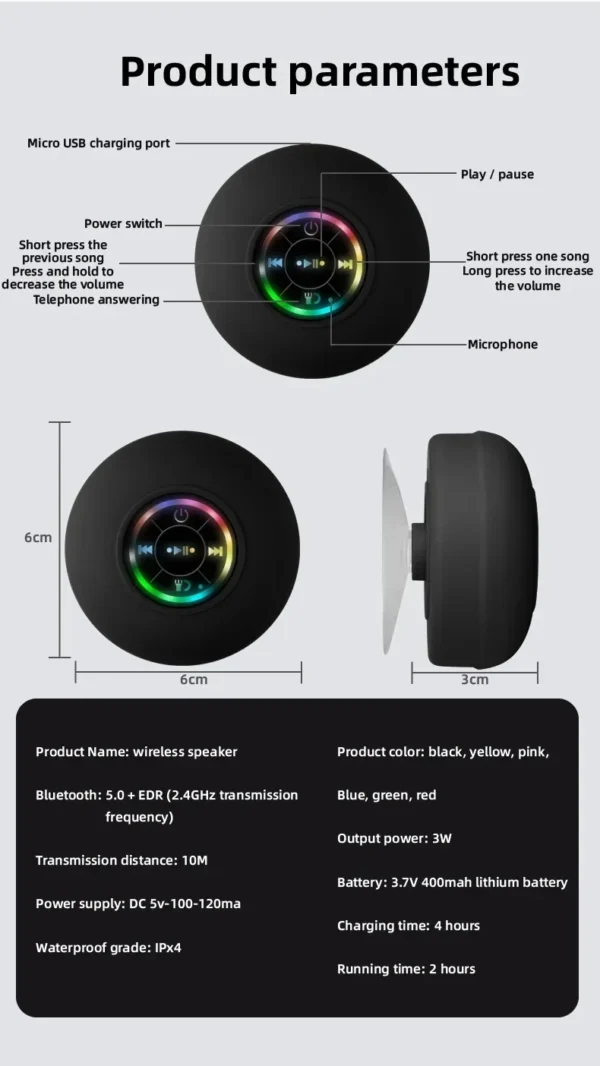 2025 Bathroom Waterproof Wireless LED Bluetooth Speaker Large Suction Cup Mini Portable Speaker Outdoor Sports Stereo Speaker - Image 16