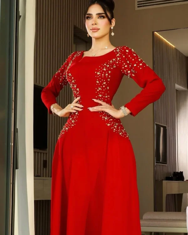 Customized Long Sleeves Prom Dresses Scoop Neck Pleated Beadings Floor Length Temperament Evening Dresses - Image 3