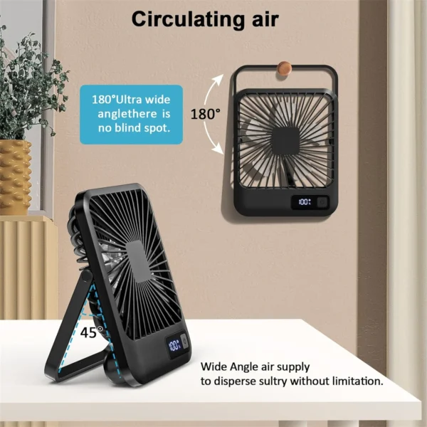 Desk Fan, Portable USB Rechargeable Fan, 180° Tilt Folding Personal Fan With Power Display, 5 Speeds Ultra Quiet Table Fan - Image 3