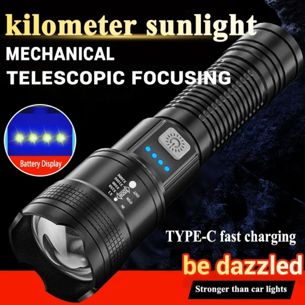 High Strong Power Led Flashlights 2000LM Tactical Torch with Display Light USB Charging Camping Fishing Emergency Zoom Lantern - Image 12