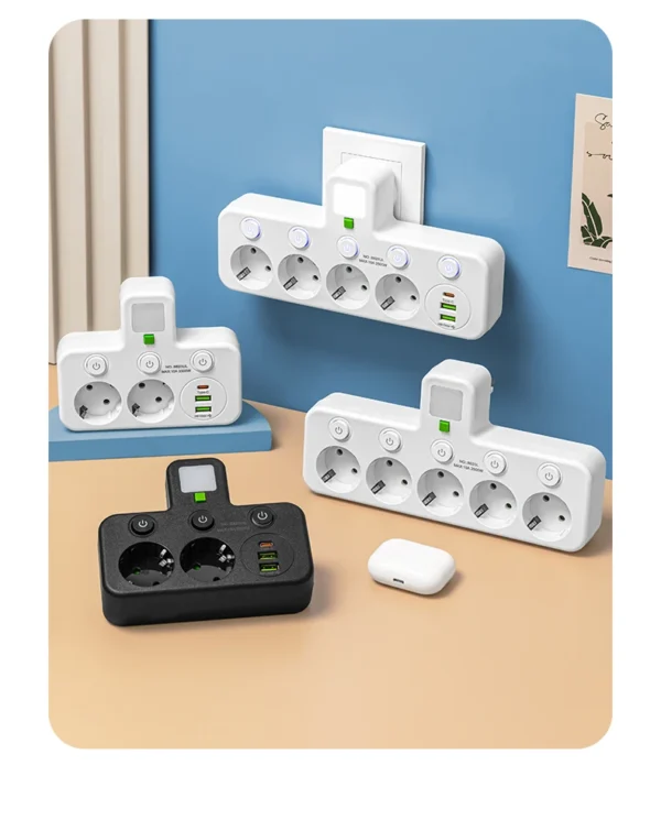 EU plug and socket 4 sockets, multi plug wall power plug and socket without extension cable or USB and Type-C port - Image 11
