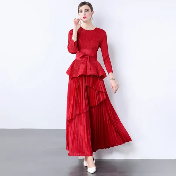 Miyake Irregular Lantern Skirt Top+long Lace Up Pleated Skirt Womens Two Peice Sets French Retro Pleated Autumn Skirts 2024 - Image 11
