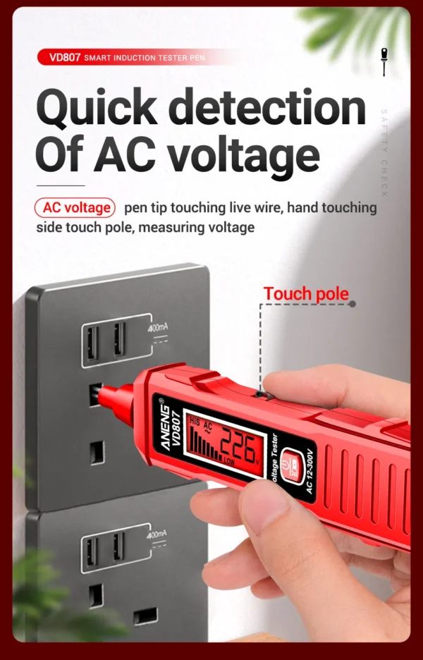 ANENG VD807 One-word Induction Portable 50/60Hz Smart Electric Pen Tester NCV Sensor AC 12-300V Non-contact Wire Detector Tools - Image 14