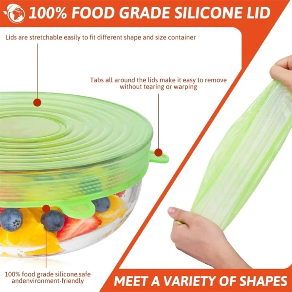 6Pcs Food Grade Silicone Preservation Cover Reusable Airtight Food Universal Dish Stretch Round Lids For Kitchen Accessories - Image 4