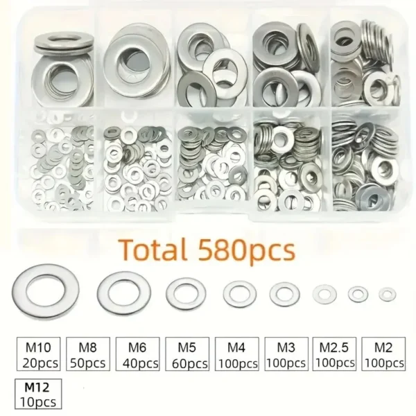 360/580pcs 304 Stainless Steel Flat Washers Set, Perfect For Home Decor, Factory Repair, Kitchens, Shops & More - Image 2