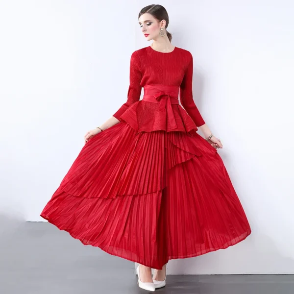 Miyake Irregular Lantern Skirt Top+long Lace Up Pleated Skirt Womens Two Peice Sets French Retro Pleated Autumn Skirts 2024 - Image 2