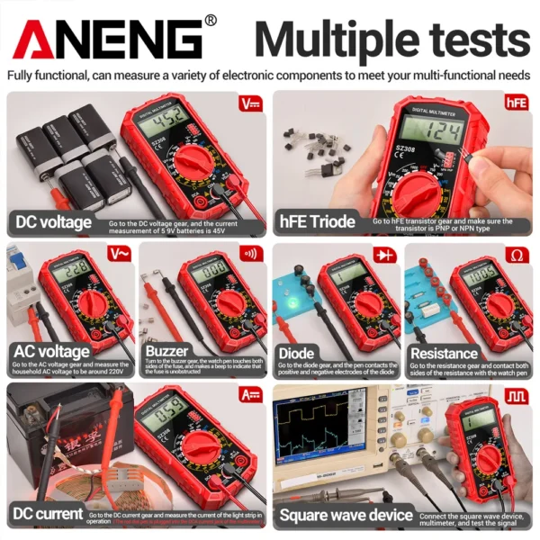 ANENG SZ308 Square Wave Digital Tester 1999 Counts HFE Triode Buzzer Multimeter AC/DC Voltage 10A Current Multimeters Meter Tool - Image 2