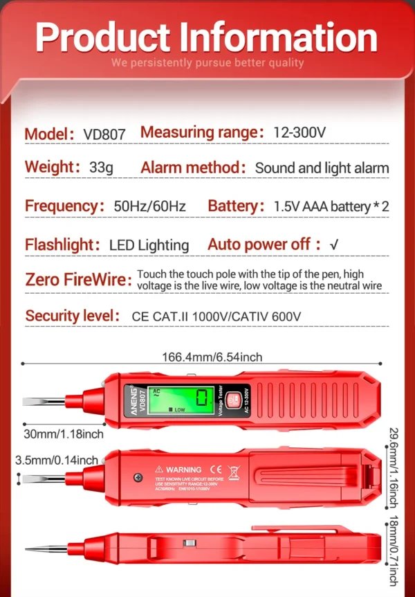 ANENG VD807 One-word Induction Portable 50/60Hz Smart Electric Pen Tester NCV Sensor AC 12-300V Non-contact Wire Detector Tools - Image 12