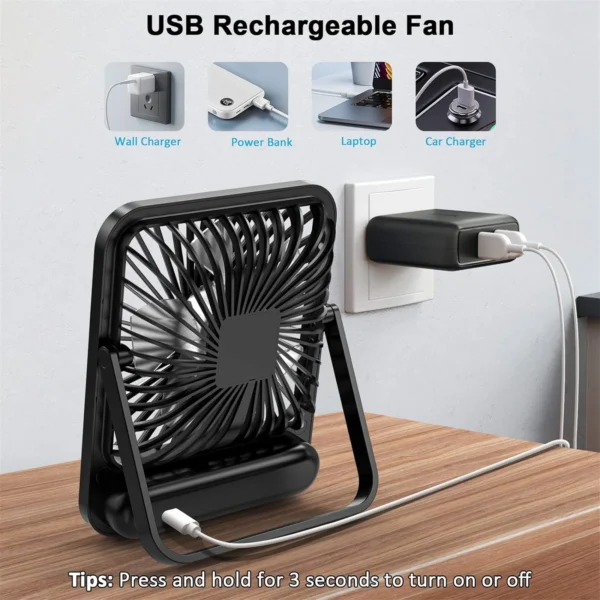 Desk Fan, Portable USB Rechargeable Fan, 180° Tilt Folding Personal Fan With Power Display, 5 Speeds Ultra Quiet Table Fan - Image 6