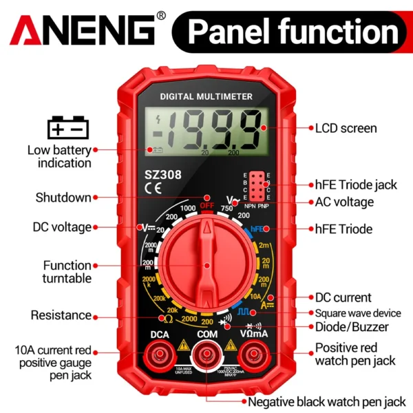 ANENG SZ308 Digital Multimeter   AC/DC Current Meter Voltage Resistance Meter Electrician LCD Backlight Ohm Square Wave Test - Image 5