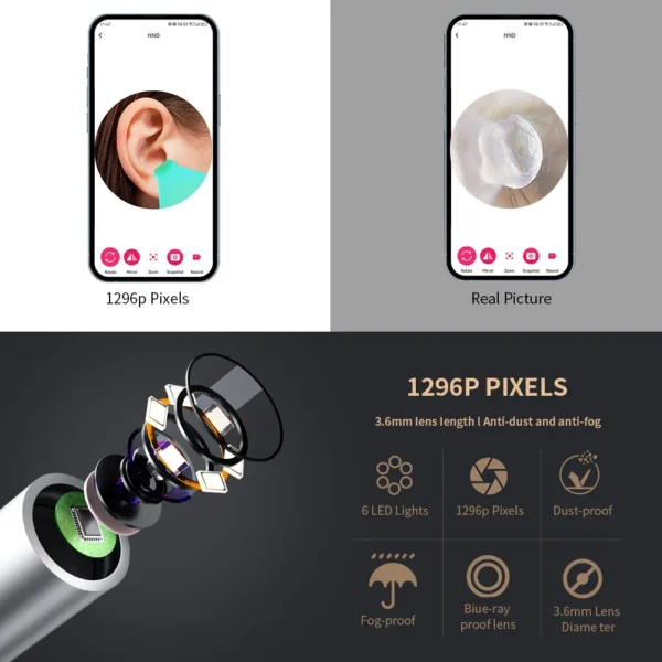 Smart Visual Ear Cleaner with Camera 1296P Ear Sticks USB C Charging Ear Wax Removal Tool WIFI Connection 6 LED Lights Earpick - Image 3