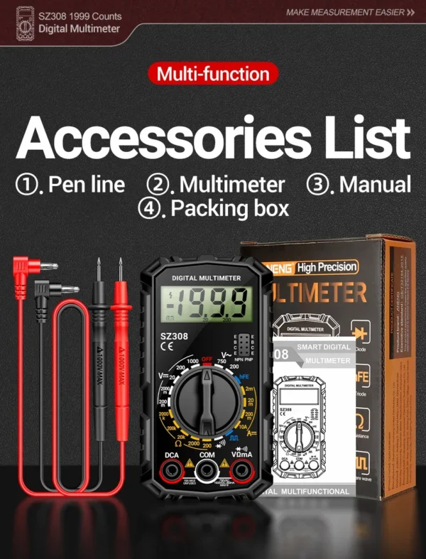 ANENG SZ308 Square Wave Digital Tester 1999 Counts HFE Triode Buzzer Multimeter AC/DC Voltage 10A Current Multimeters Meter Tool - Image 26