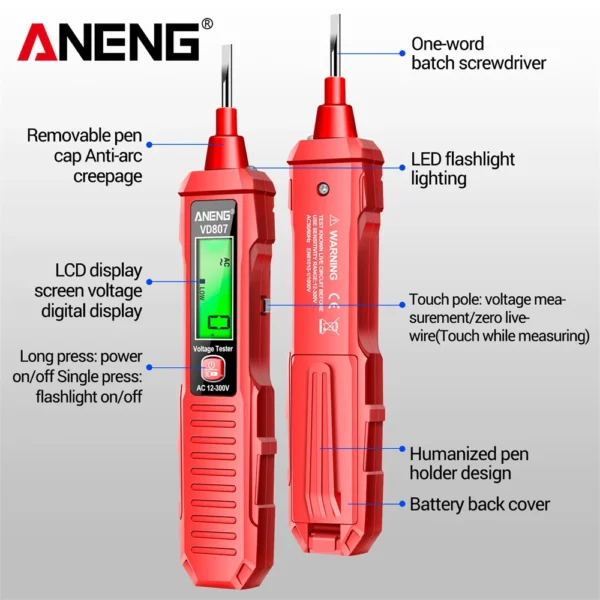 ANENG VD807 One-word Induction Portable 50/60Hz Smart Electric Pen Tester NCV Sensor AC 12-300V Non-contact Wire Detector Tools - Image 5