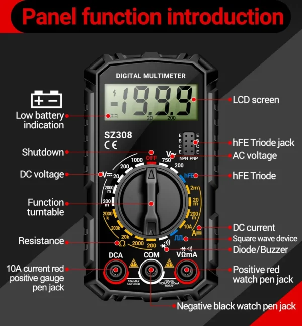 ANENG SZ308 Square Wave Digital Tester 1999 Counts HFE Triode Buzzer Multimeter AC/DC Voltage 10A Current Multimeters Meter Tool - Image 25