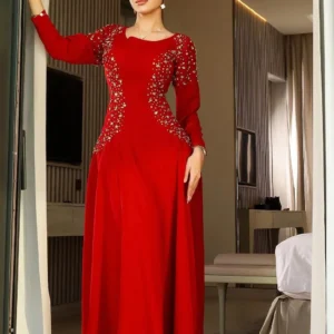 Customized Long Sleeves Prom Dresses Scoop Neck Pleated Beadings Floor Length Temperament Evening Dresses