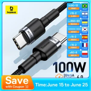 Baseus USB Type C To USB C Cable For iPhone 15 100W/5A PD Fast Charging Charger Cord For Macbook Xiaomi Samsung Type-C Cable