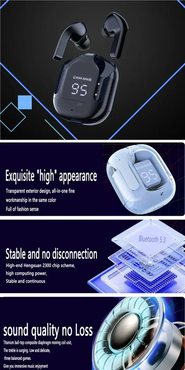 Original T2 Wireless Bluetooth Earphone Transparent HIFI Headphones LED Power Digital Display Stereo Sound Earphones for Xiaomi - Image 12