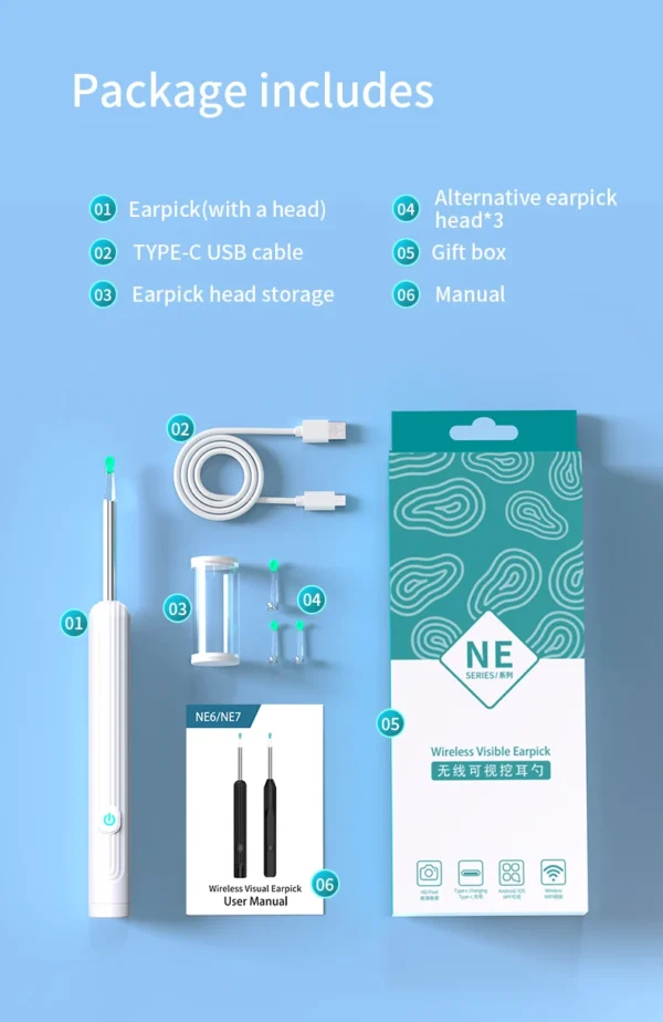 Smart Visual Ear Cleaner with Camera 1296P Ear Sticks USB C Charging Ear Wax Removal Tool WIFI Connection 6 LED Lights Earpick - Image 23