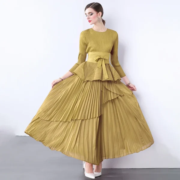 Miyake Irregular Lantern Skirt Top+long Lace Up Pleated Skirt Womens Two Peice Sets French Retro Pleated Autumn Skirts 2024 - Image 8