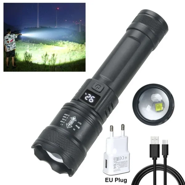 High Strong Power Led Flashlights 2000LM Tactical Torch with Display Light USB Charging Camping Fishing Emergency Zoom Lantern - Image 8