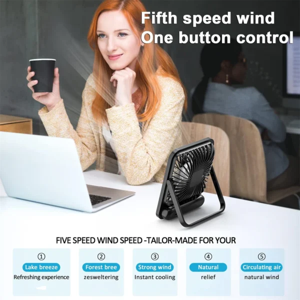Desk Fan, Portable USB Rechargeable Fan, 180° Tilt Folding Personal Fan With Power Display, 5 Speeds Ultra Quiet Table Fan - Image 5