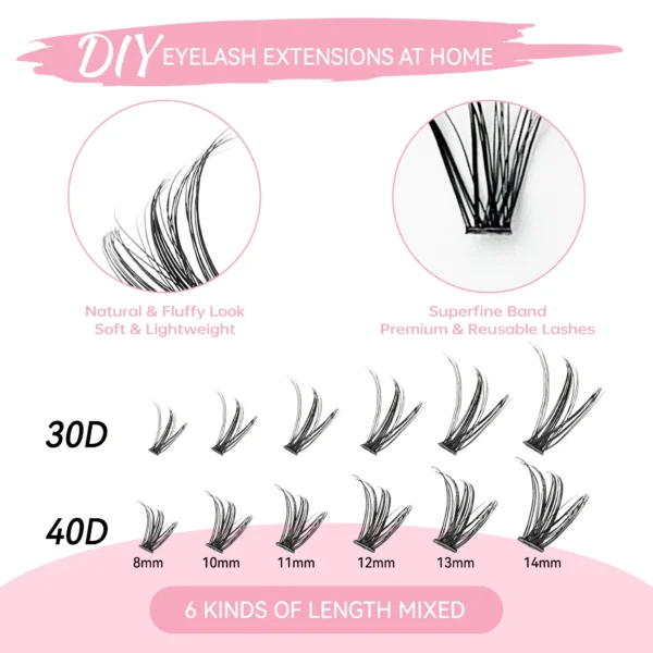 Lashes Clusters Set Extensions Kit Fake eyelashes Mix Lash Clusters with Lash Bond Seal and Lash Applicator Tool Makeup - Image 4