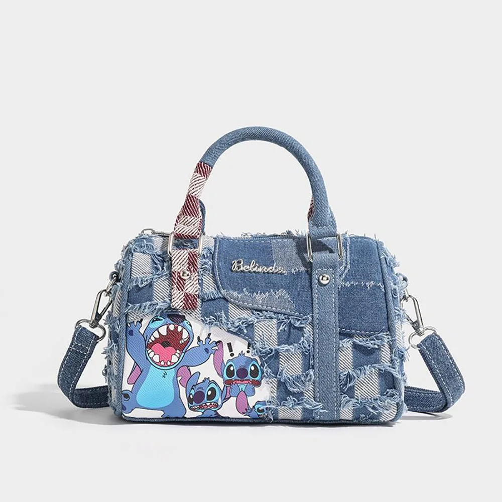 Stitch Cartoon Denim Shoulder Bags Contrast Color Fashion Handbags Women Tote Casual Satchel Backpacks Birthday Gifts For Girls