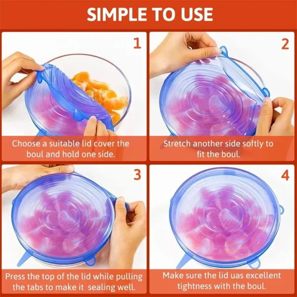 6Pcs Food Grade Silicone Preservation Cover Reusable Airtight Food Universal Dish Stretch Round Lids For Kitchen Accessories - Image 3