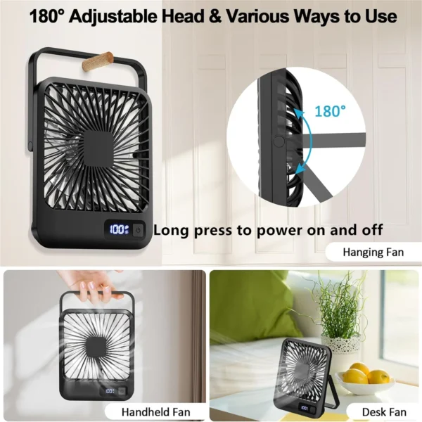 Desk Fan, Portable USB Rechargeable Fan, 180° Tilt Folding Personal Fan With Power Display, 5 Speeds Ultra Quiet Table Fan - Image 2